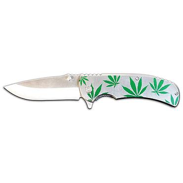 Marijuana Leaf Assisted Opening Knife - Silver with Green Leaves