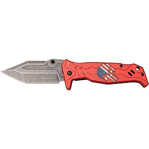 USA Skull Flag Design Handle Assisted Knife with Tanto Blade - Red